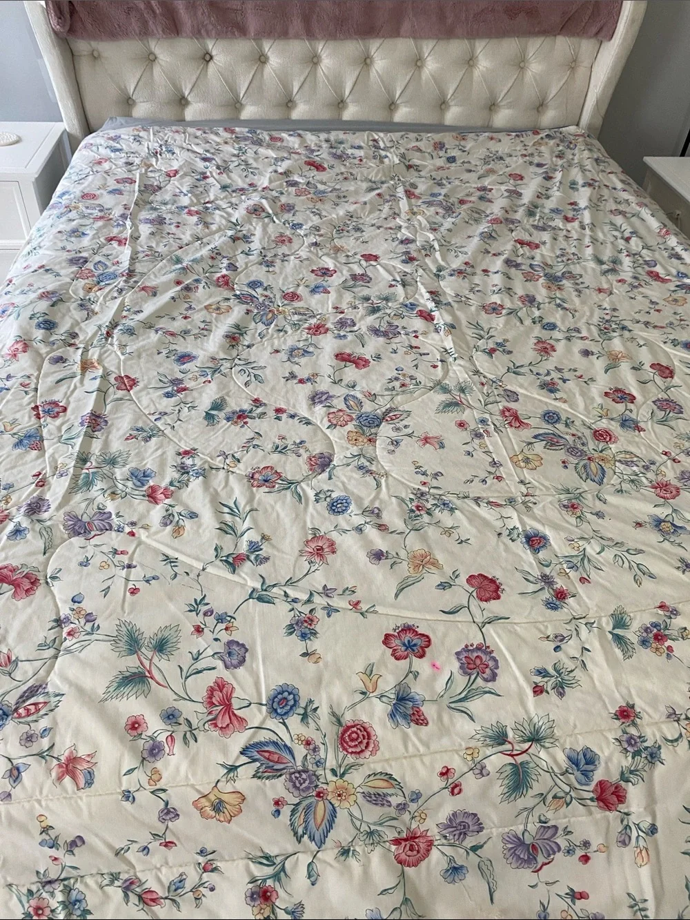 Laura Ashley Cream Floral Quilted Comforter Blue Piping and Pink Blooms Vintage